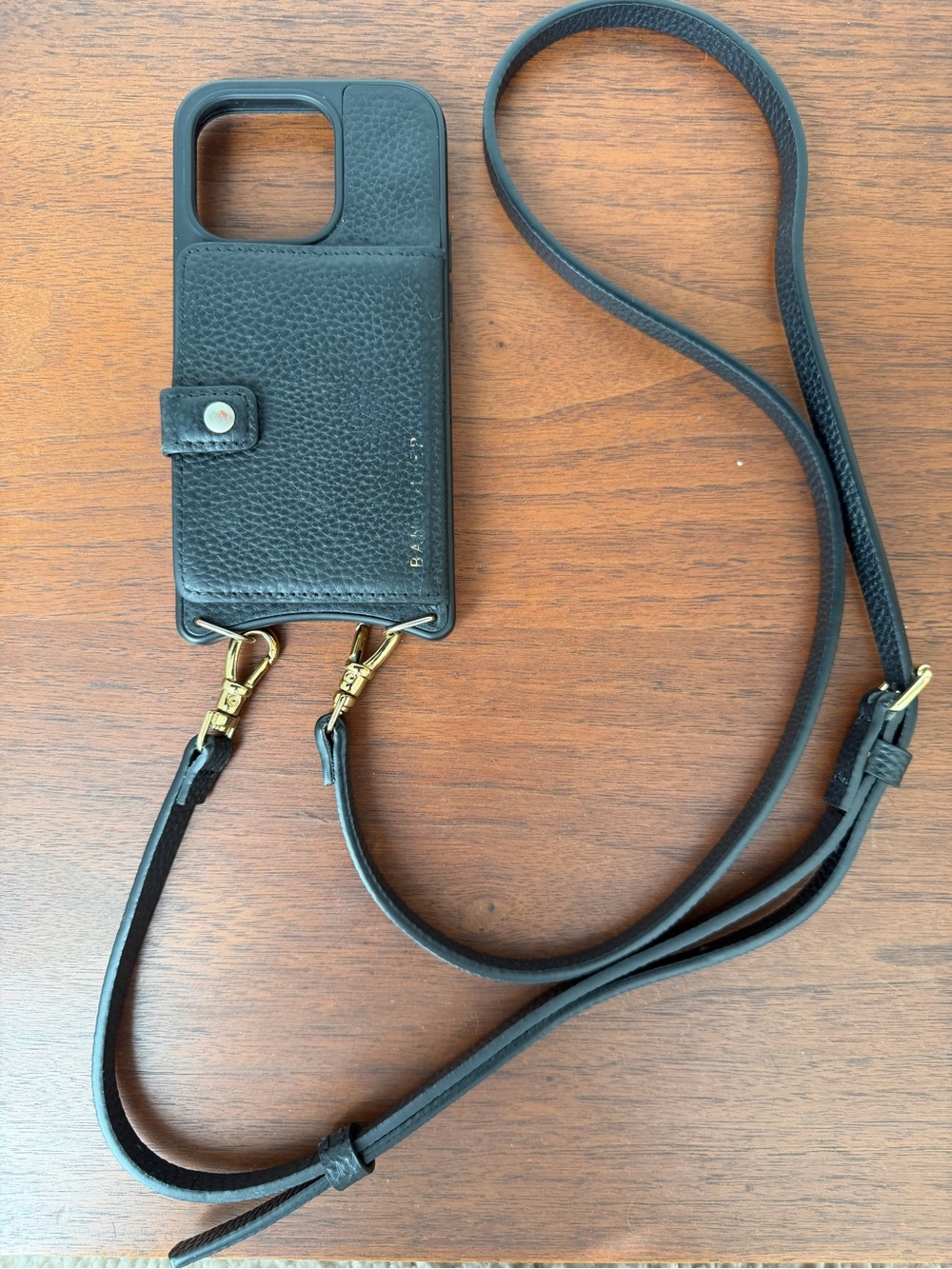 Bandolier 14 PRO Black Leather Crossbody Phone Case with Gold Hardware